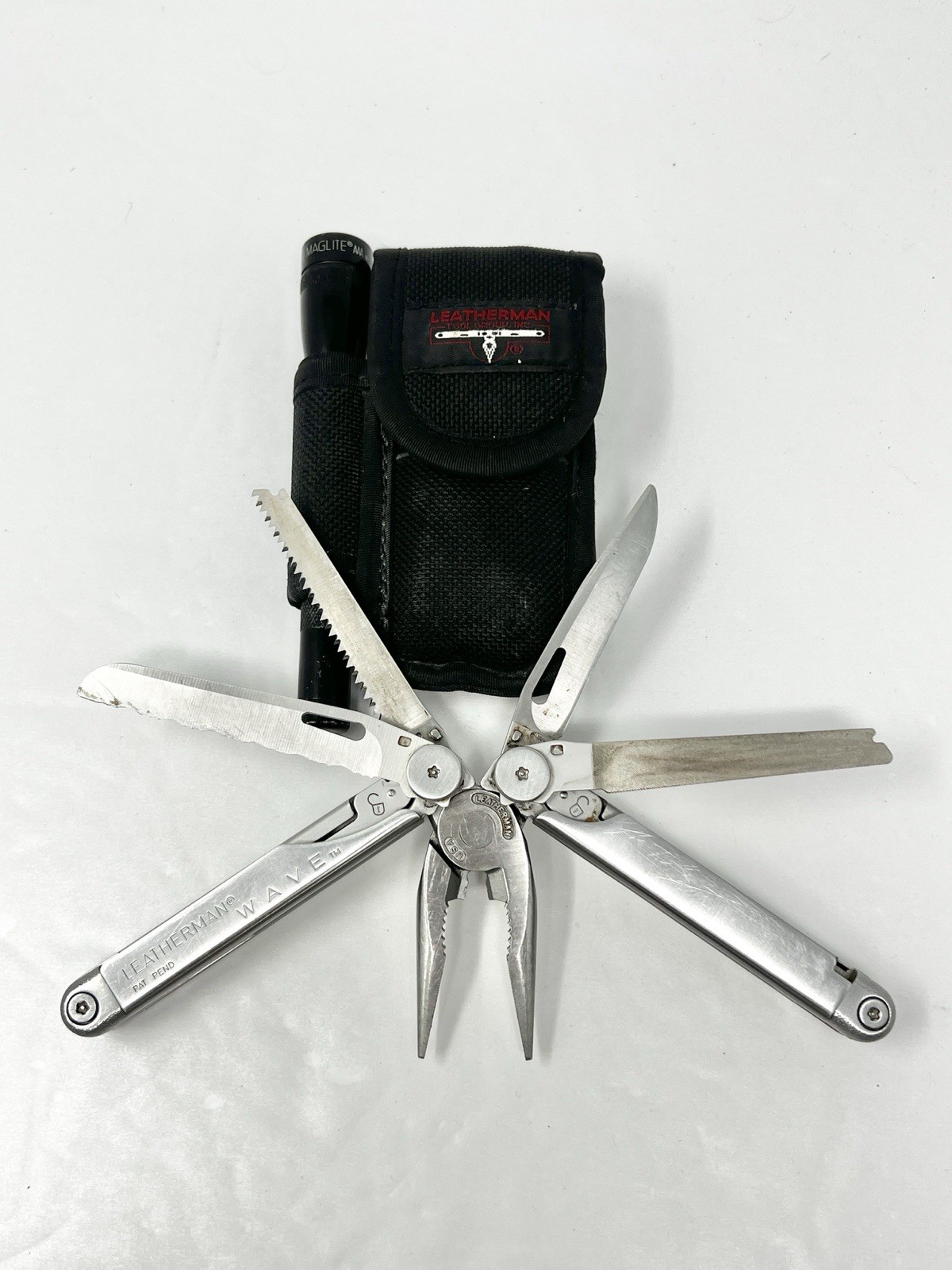 Rare Set Vtg Leatherman Wave 1st Gen Multitool W/mini Mag Light Flashlight