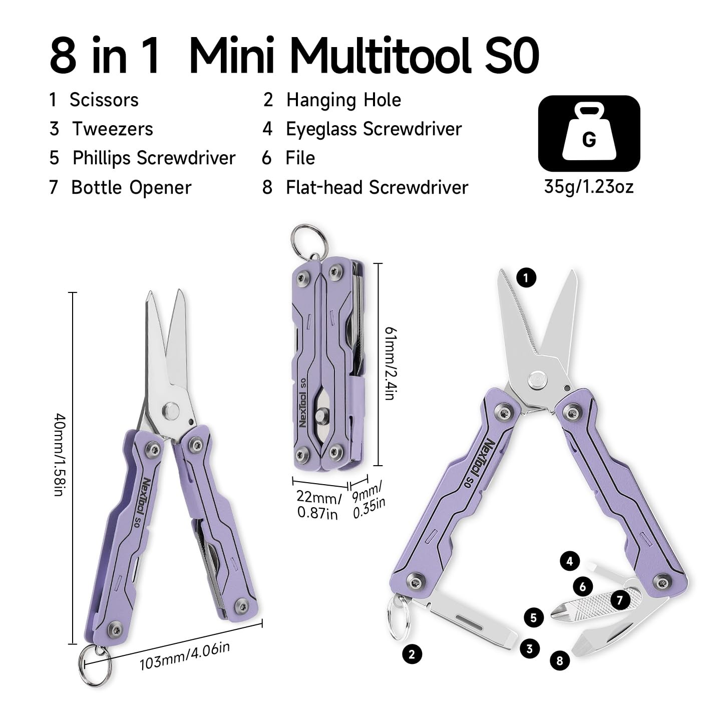 Micro Sailor Scissors S0, Mini Keychain Multitool with Serrated Scissors, 8-i…