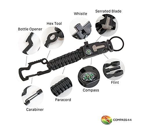 Compass 44 Tactical Keychain 8-in-1 multitool for camping, hiking