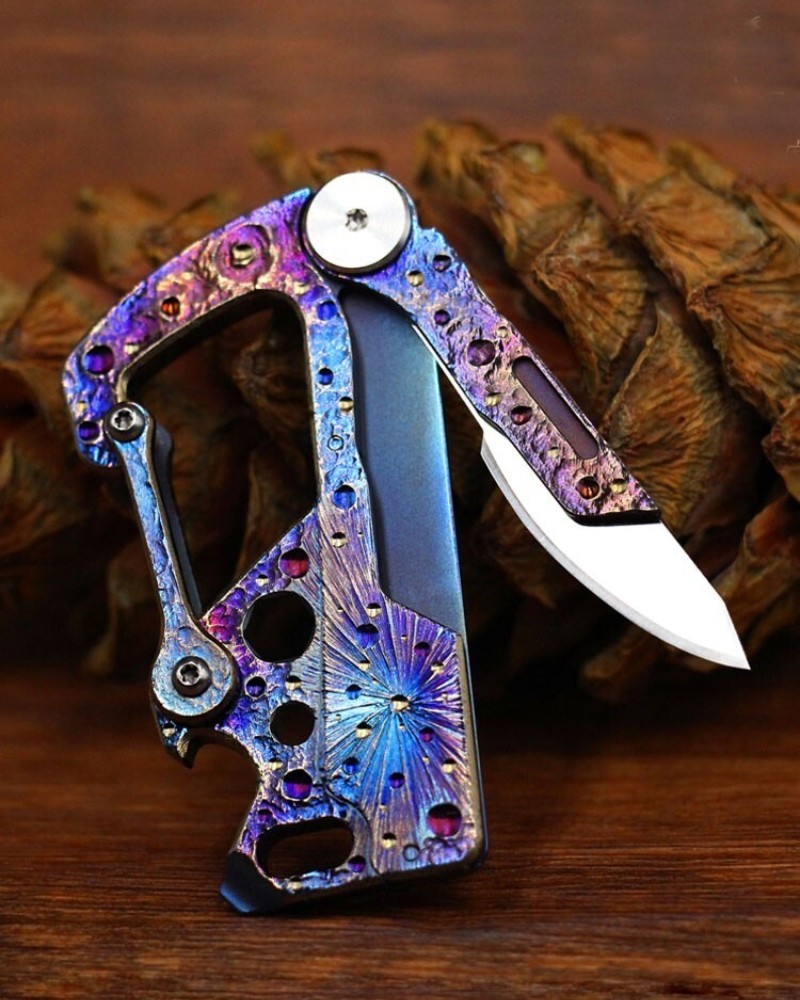 EDC Titanium Alloy Meteorite Pattern Key Chain Carabiner Outdoor Folding Knife