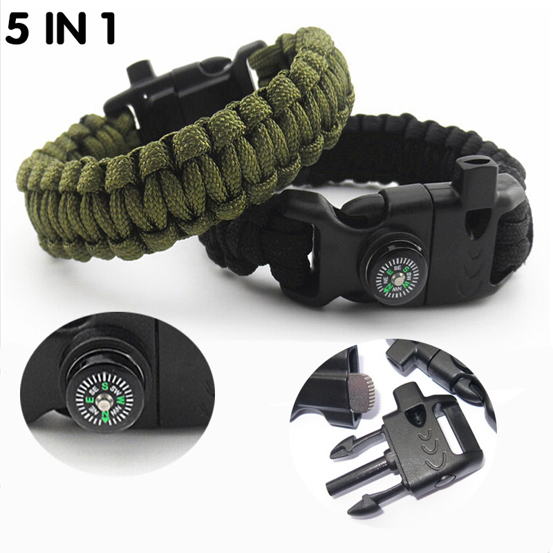 Survival Paracord Bracelet Flint Fire Starter Whistle Compass 5 in 1 Tools Kit