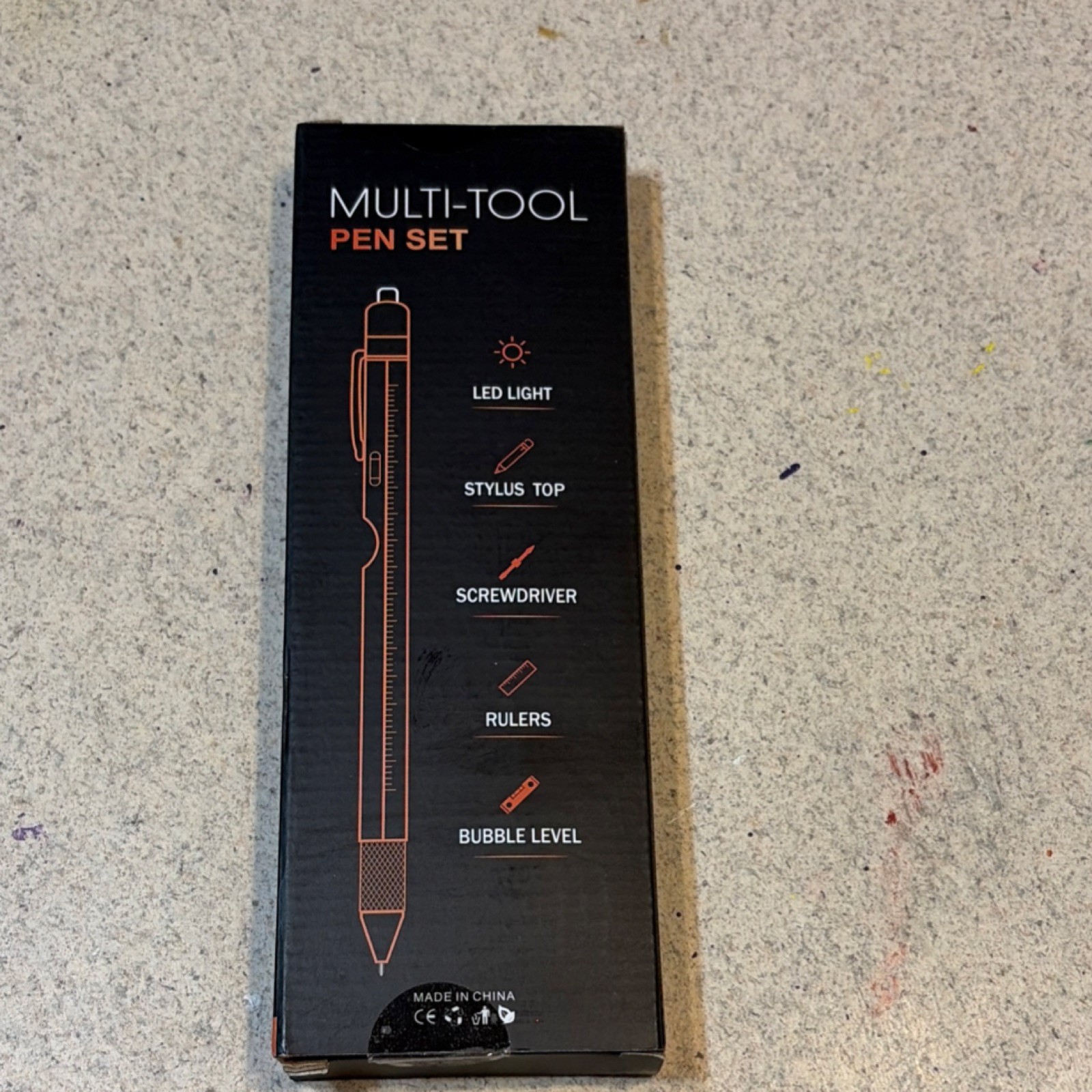 Black Multi-Tool Pen with LED Light, Stylus, Screwdriver, Ruler, Bubble Level