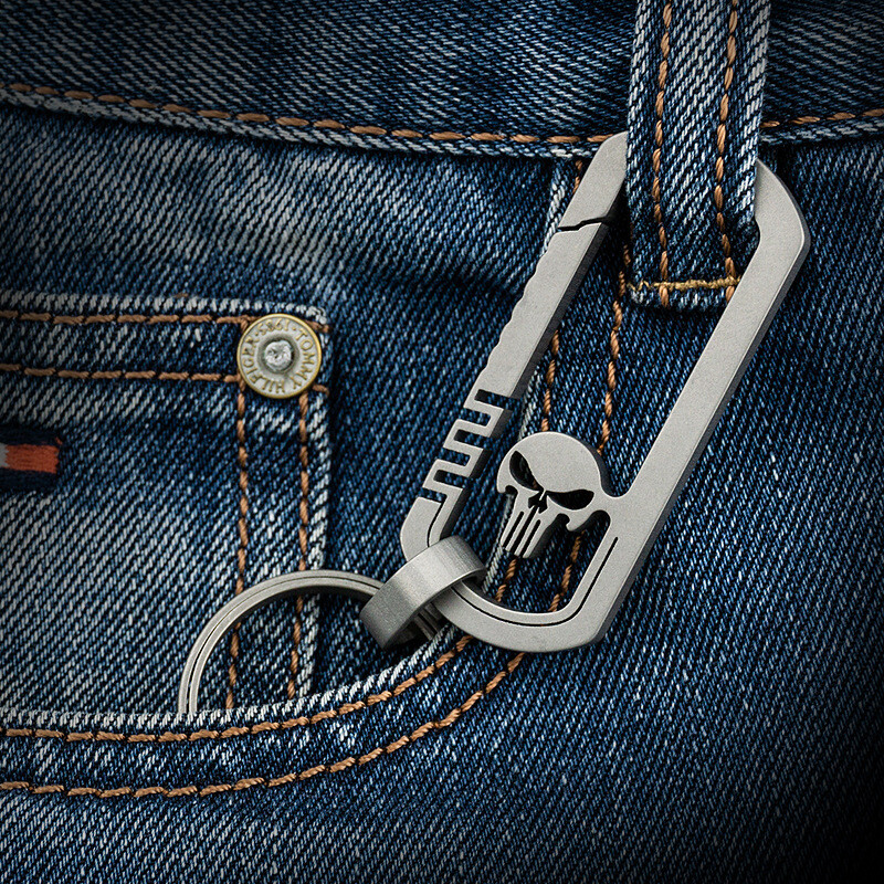 EDC Titanium TC4 Skull Keychain Carabiner w/ Key Ring Outdoor Fast Hanging Tool