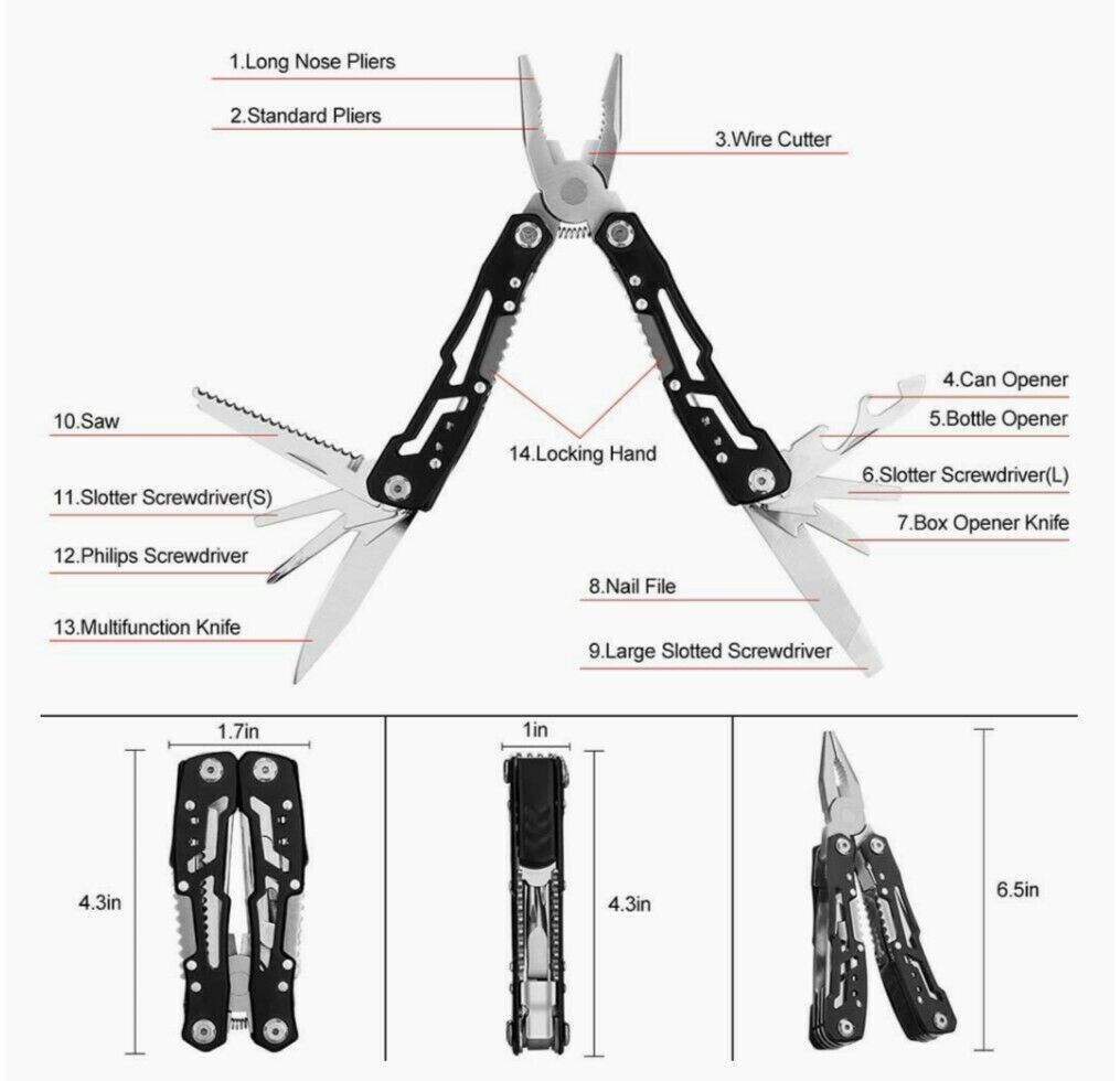 Fangfo Multitool 14-in-1 Every Day Outdoor Survival Camping Hunting & Hiking NEW