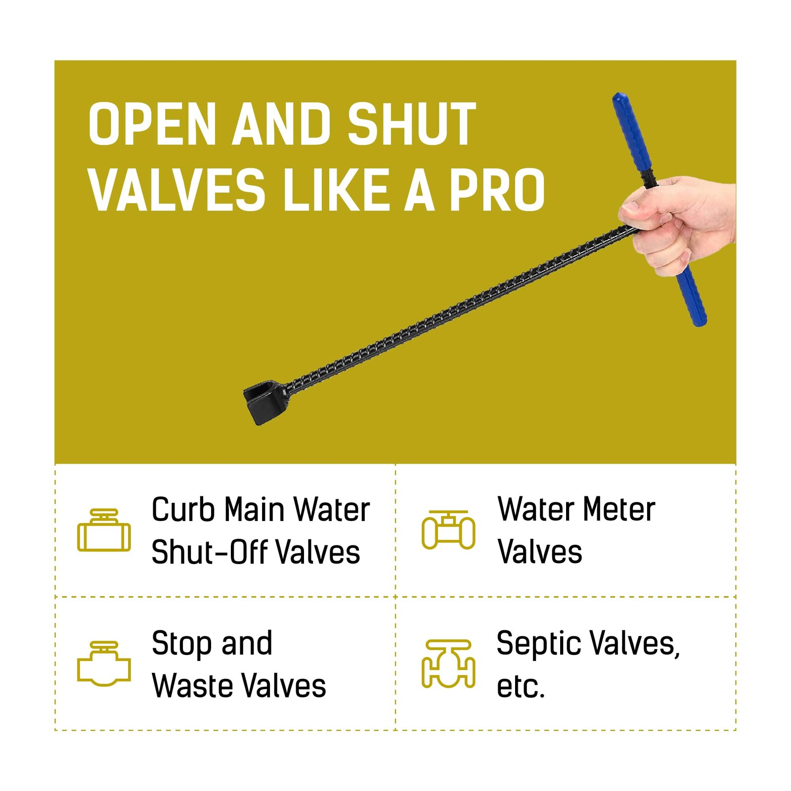 17″ Water Meter Key – Steel T-Handle, 4-Way Spigot Selector, Valve Tool