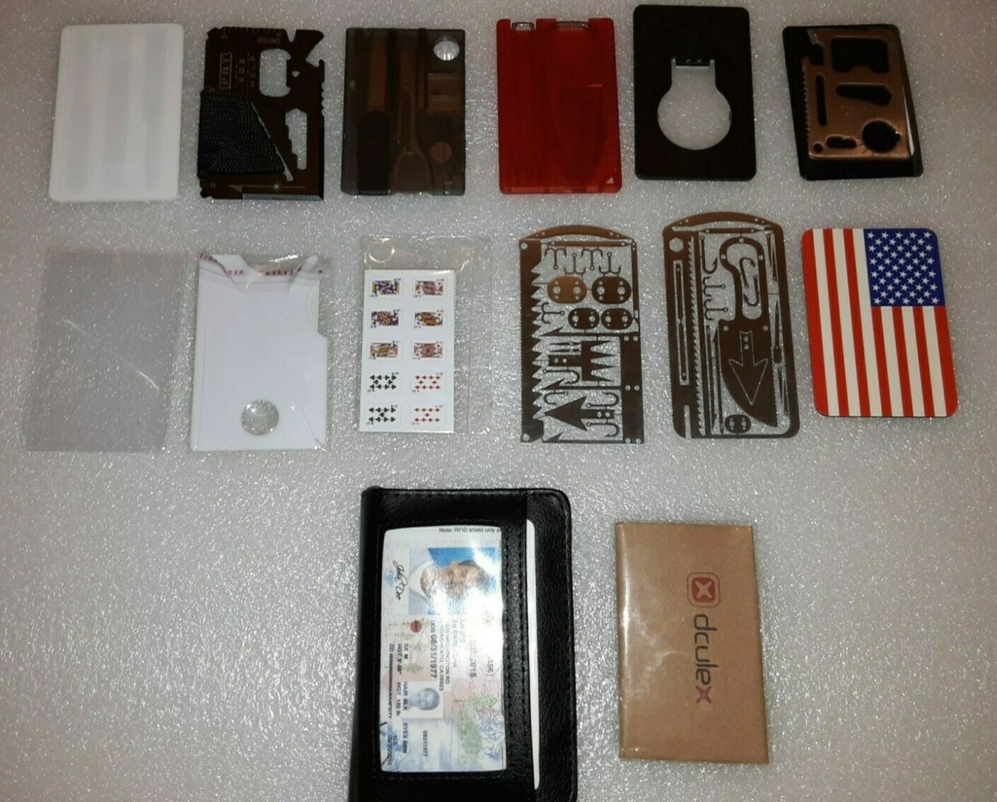 Survival Card multi tool & WALLET 15pc LOT- EDC W/Credit card shape bottle