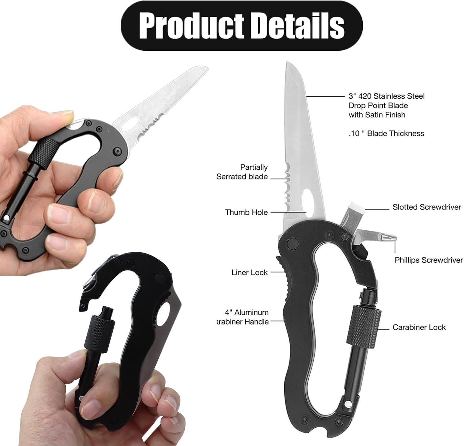 1 PCS Multitool Carabiner with Pocket Knife Professional Carabiner Multitool Key