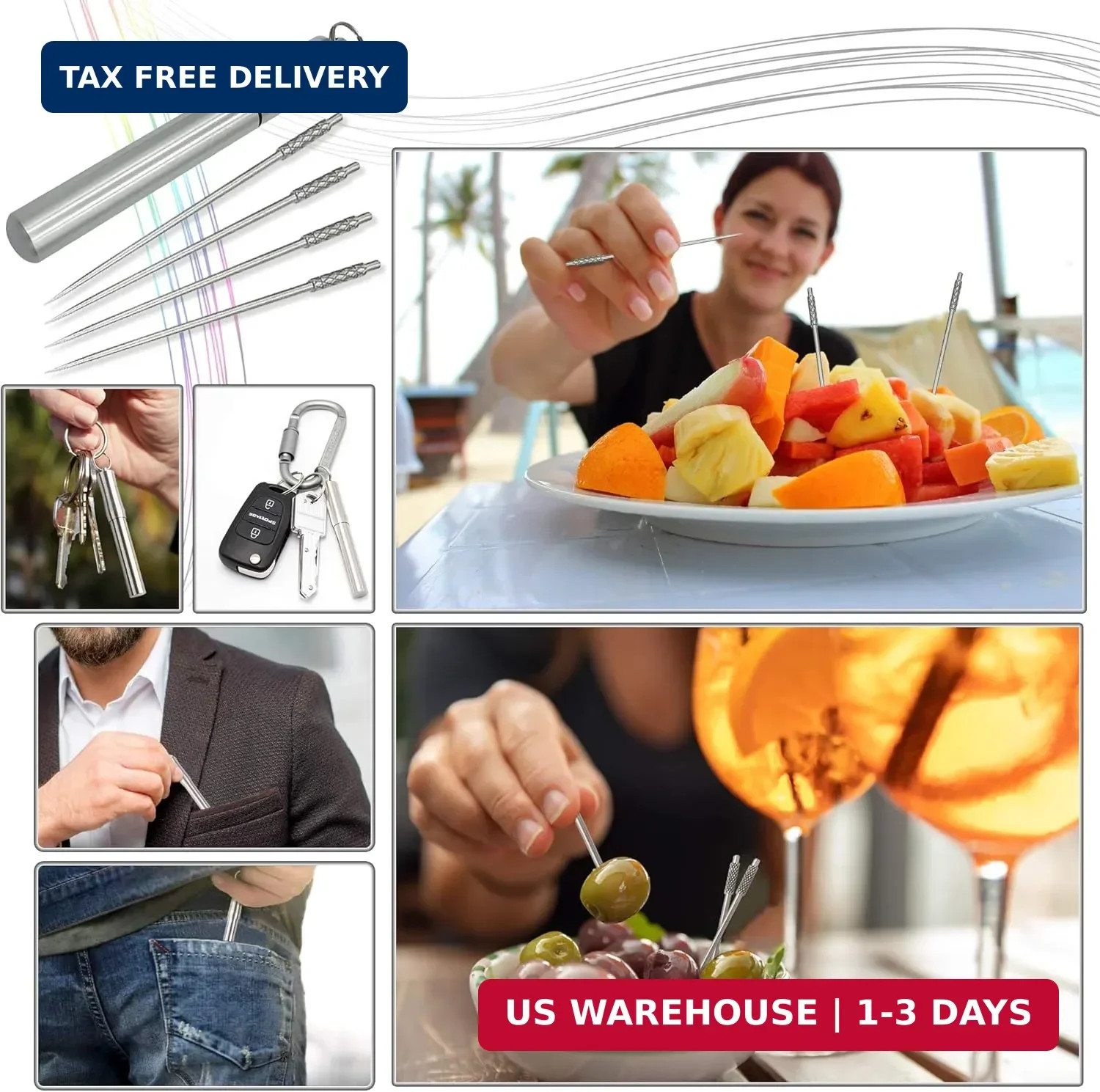 4 Pieces Titanium Toothpicks Set With Stainless Toothpick Holder for Keychain-Po