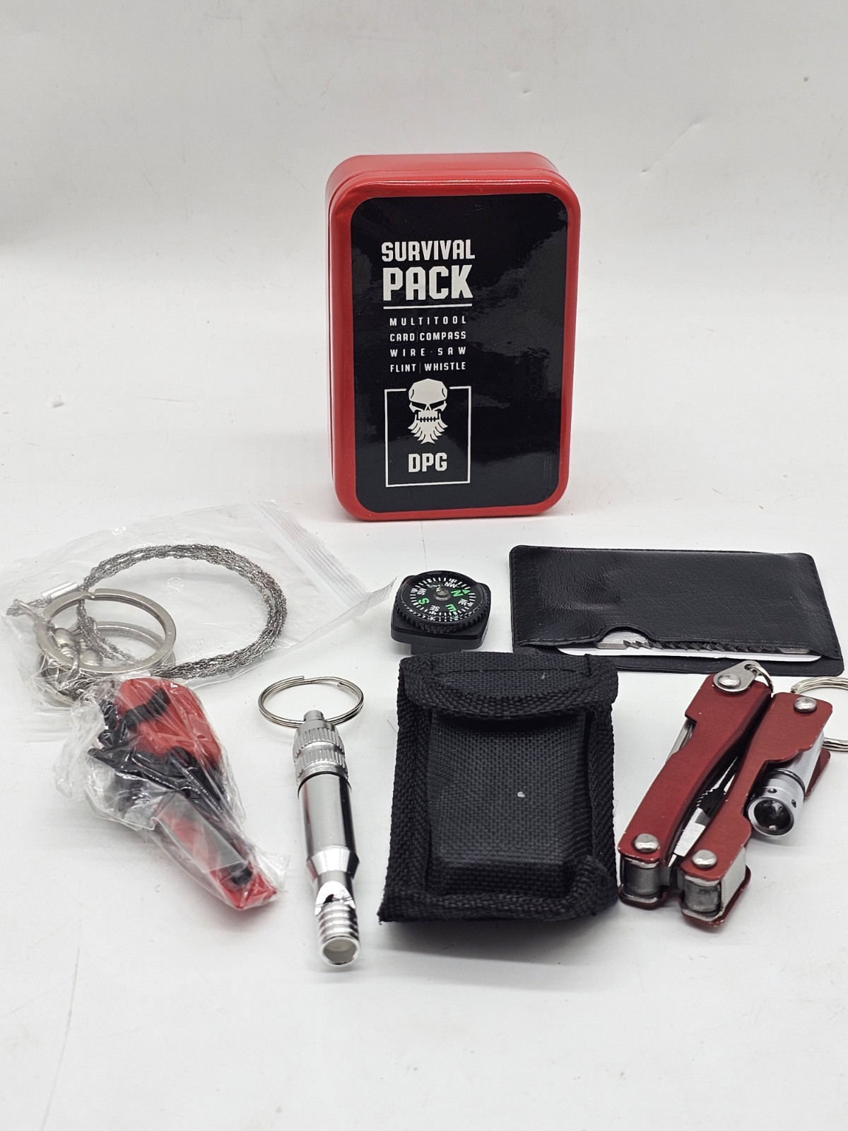 DPG Survival Pack MultiTool Card Compass Wire Saw Flint Whistle