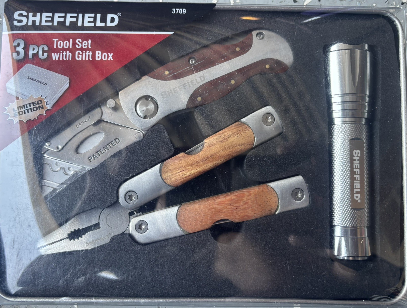 NEW Sheffield 3 Pc Tool Set With Tin Box Multi Tool Utility Knife Flashlight