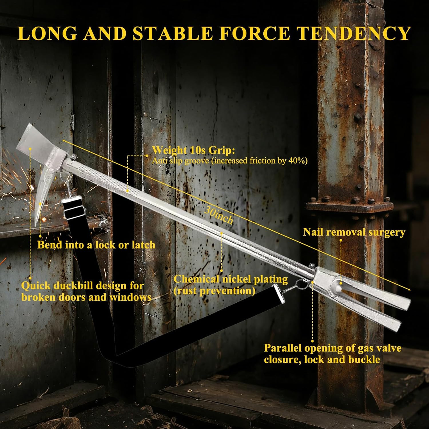 30-Inch Steel Halligan Bar Firefighter Forced Entry Tool, Heavy Duty Emergency R