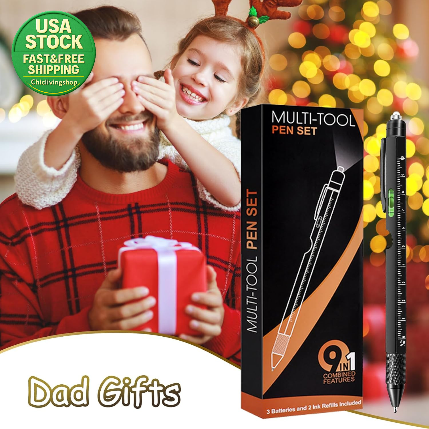 9 in 1 Multitool Pen Gifts for Dad Husband Men Tools Gadgets Black