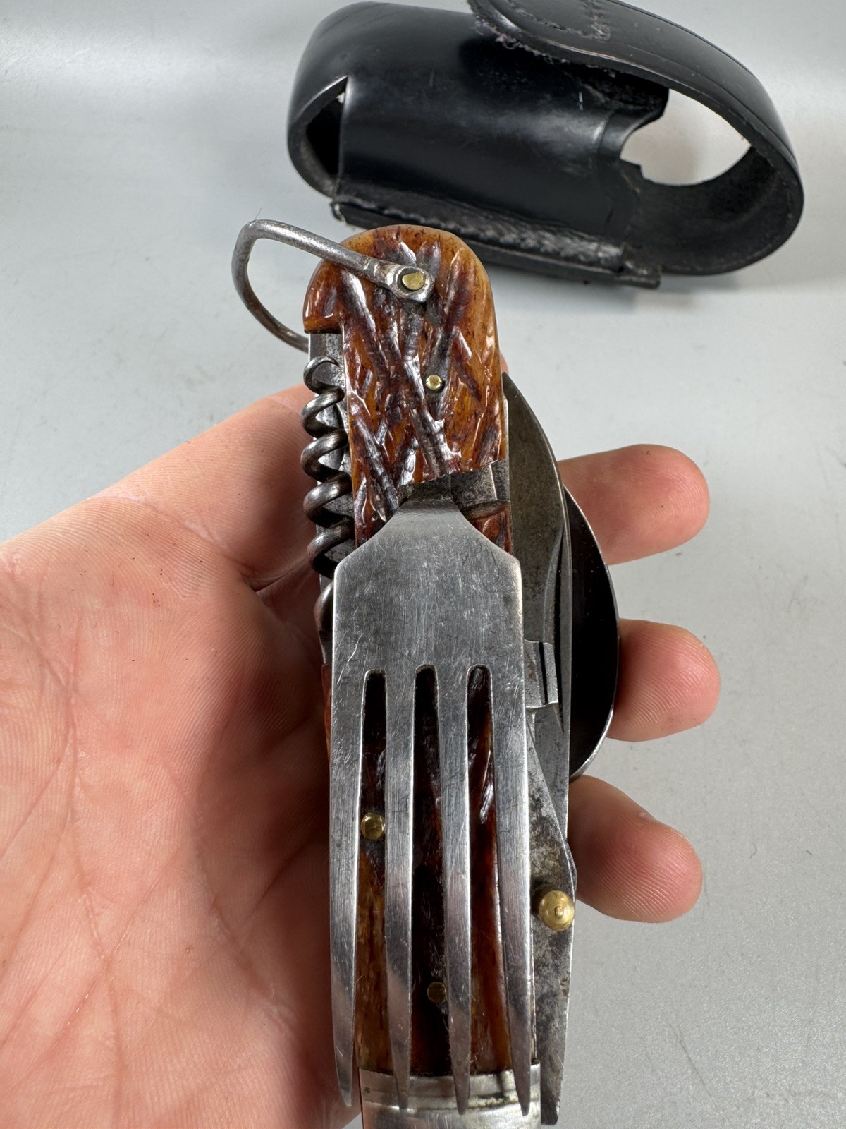 VTG Camping Multi Tool Europe Knife w Spoon Fork Scissors Corkscrew Leather Case