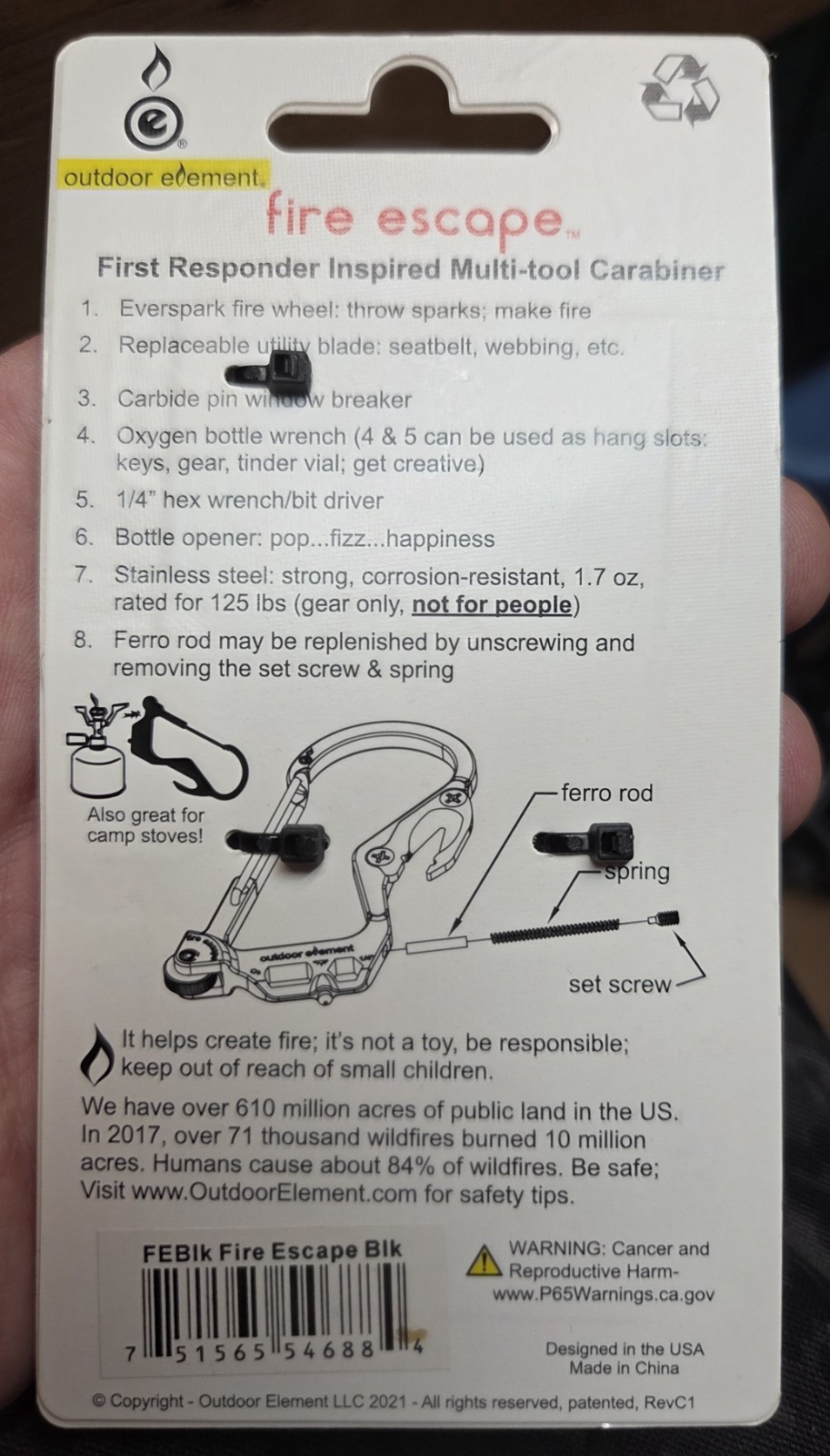 New In Package Outdoor Element Fire Escape Black Carabiner Multi Tool