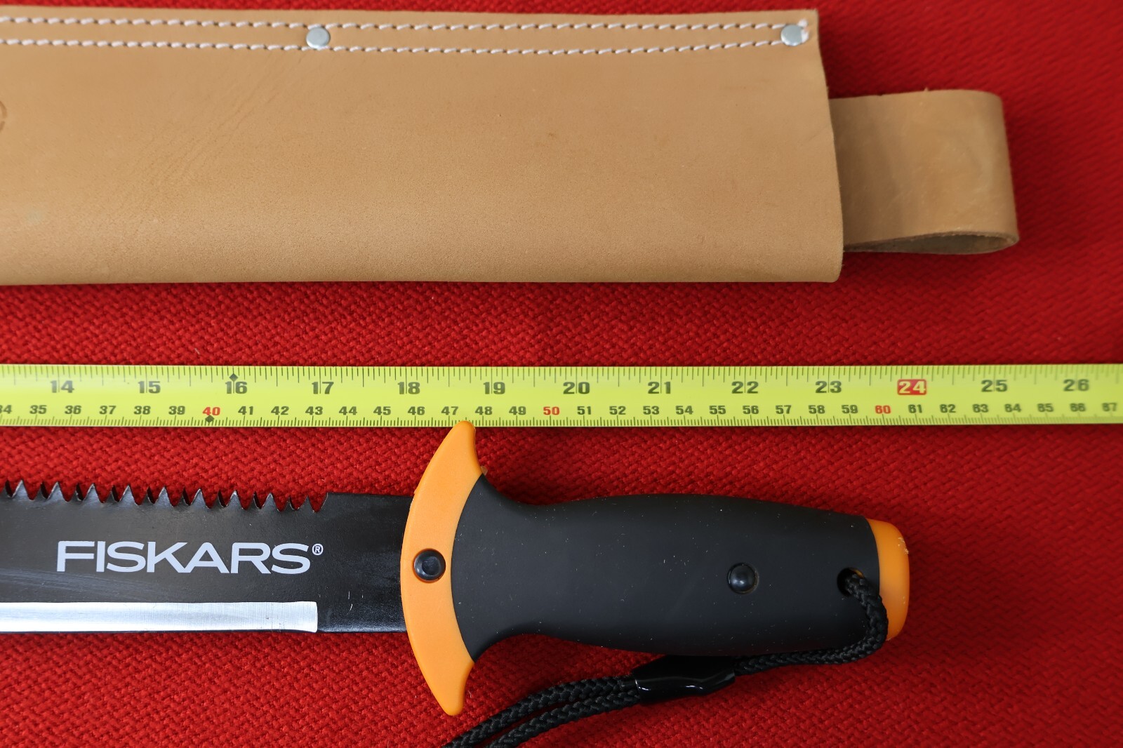 24 inch long Fiskars Survival Camping Knife with Dave White’s Leather scabbard