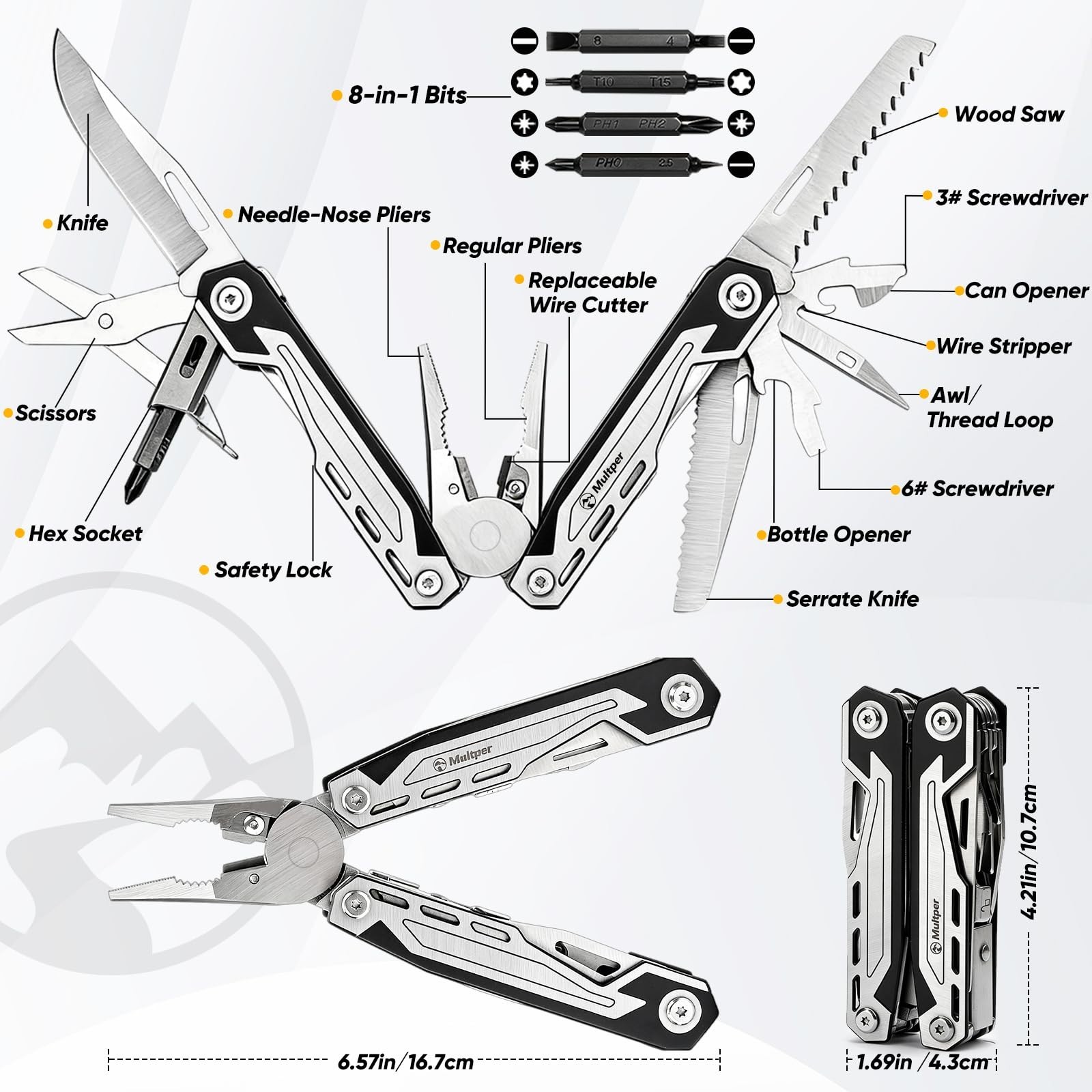 21-in-1 Stainless Steel Multitool Pliers with Knife, Screwdriver & Locking Grip