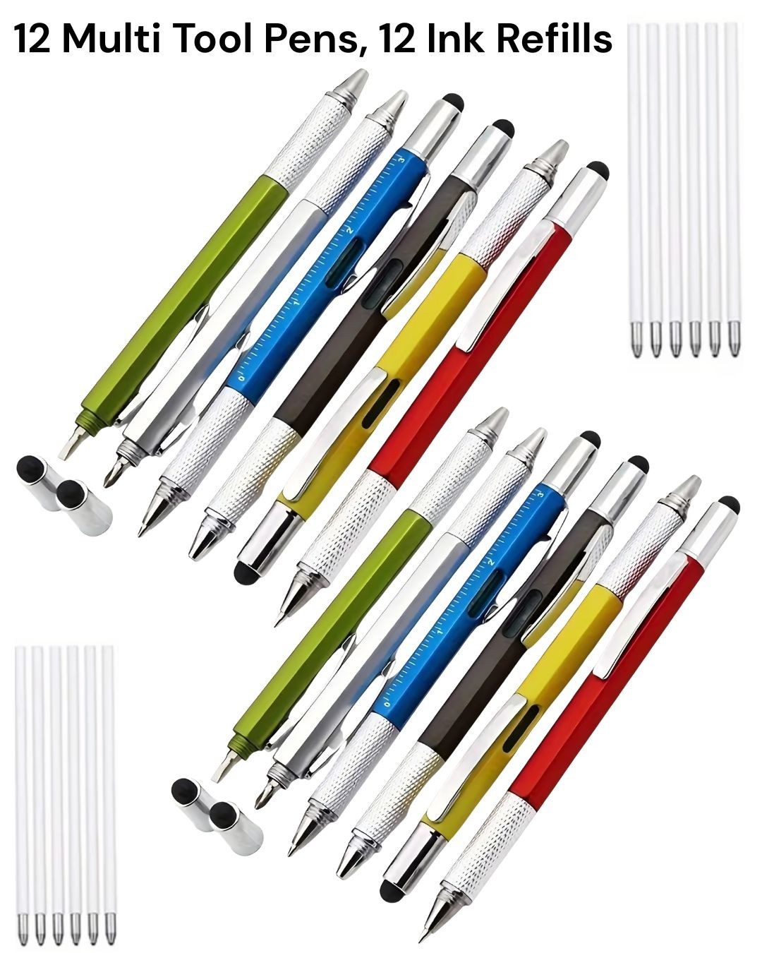 12 pcs – 6 in 1 Multitool Tool Pen, 12 Ink Refill, 6 colors. U.S. Seller.