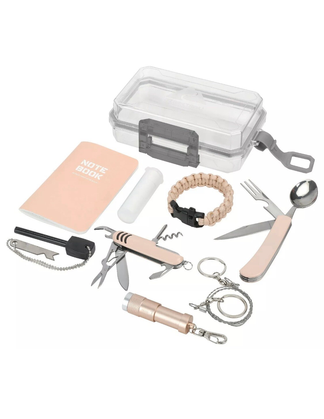 Ozark Trail 16Pc Survival Kit Pink Multi-Tool Key-Chain Light Saw Utensils NIB