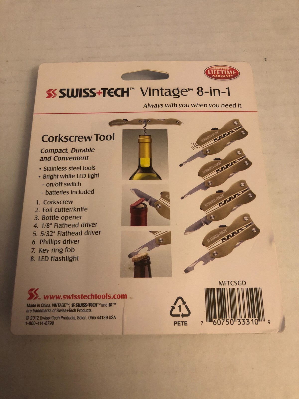 Swiss-Tech Vintage 8-in-1 Multi Tool Corkscrew Phillips Flashlight Knife New