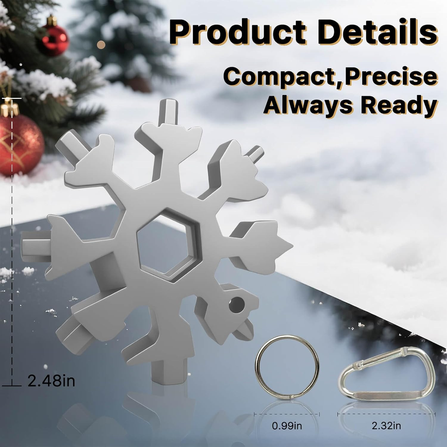18-In-1 Snowflake Multi Tool with Keyring and Carabiner, Stainless Steel Pocket