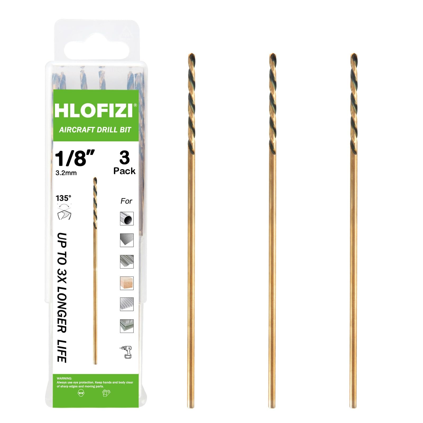 1/8 x 8 Inch Extra Long Drill Bits (3 Pack), Aircraft Drill Bit Black and Gol…
