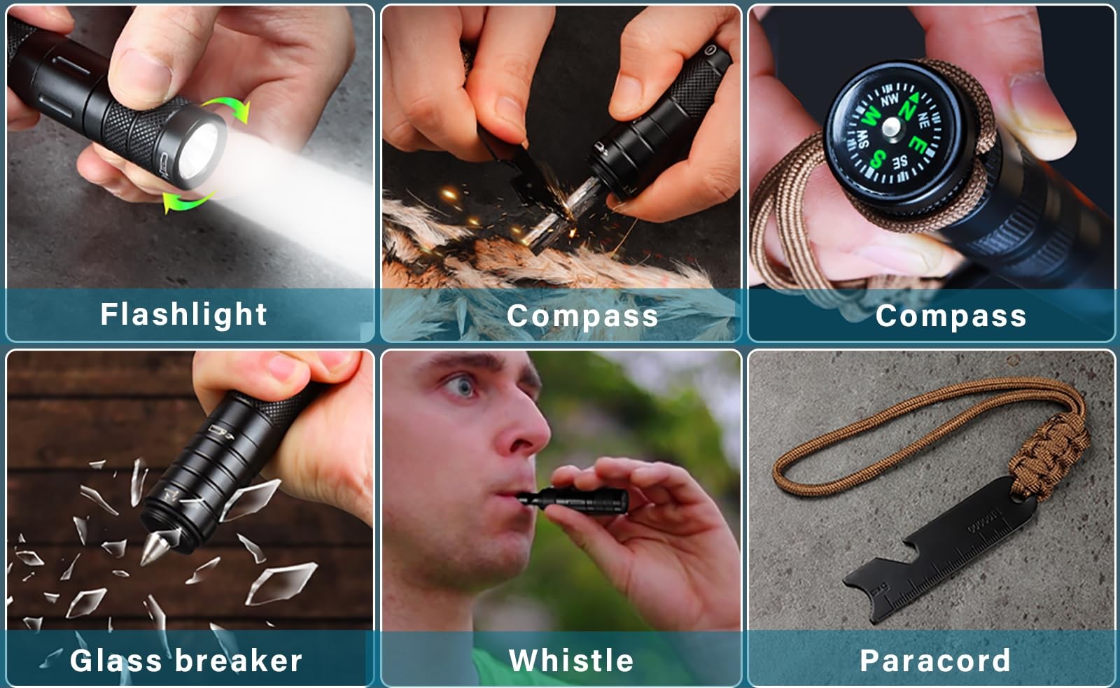 POXIMO 9-in-1 Survival Multitool Flashlight Fire Starter Compass Camping EDC