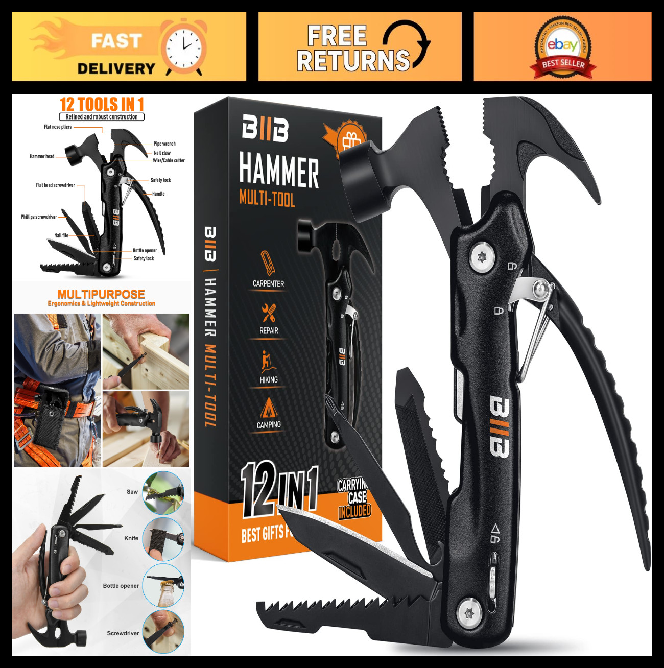 12-in-1 Hammer Multitool – Perfect Gift for Men, Dad, Husband, Boyfriend, Campin