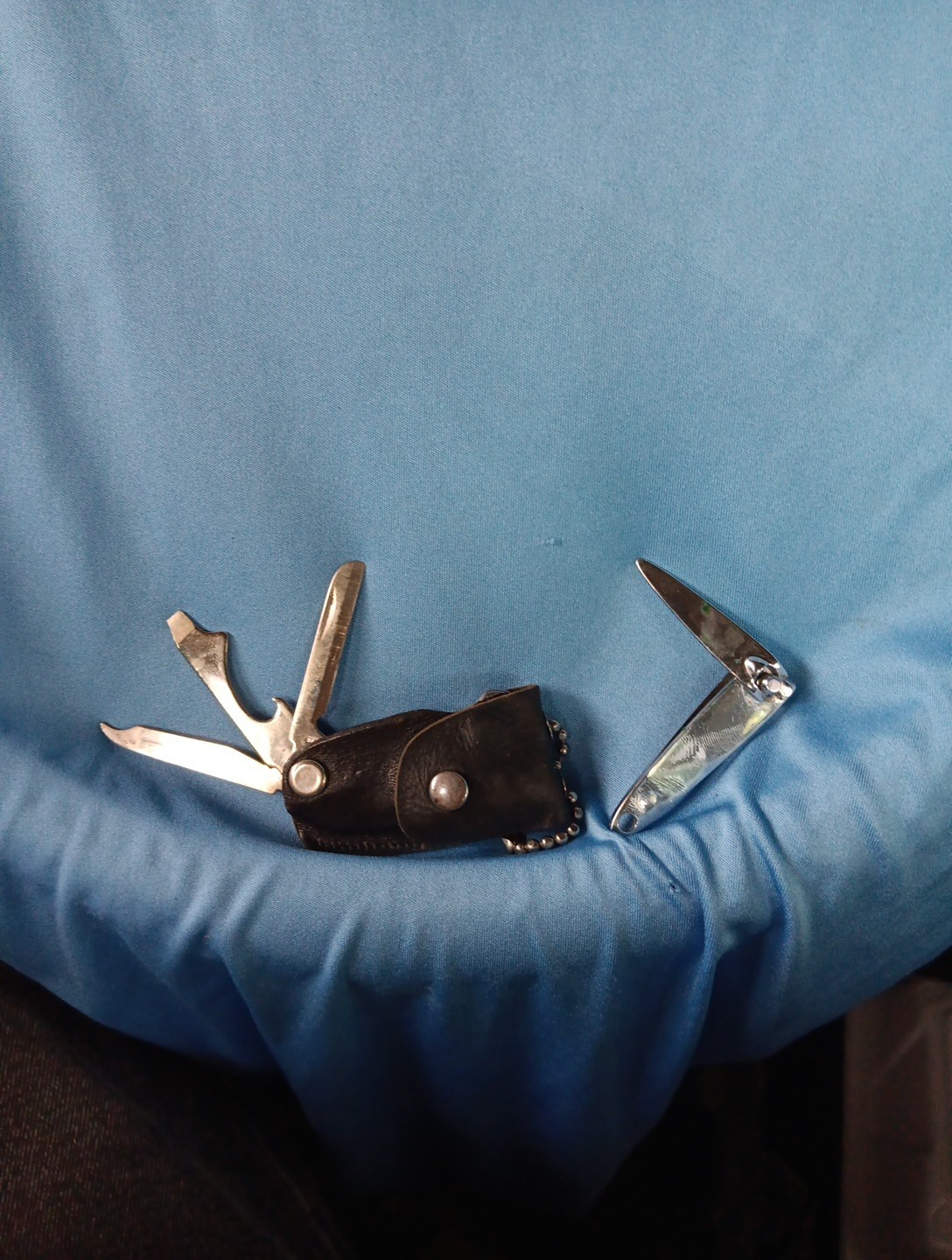 VINTAGE POCKET TOOL with Leather Holder: Screw Driver, Bottle Opener, File Knife