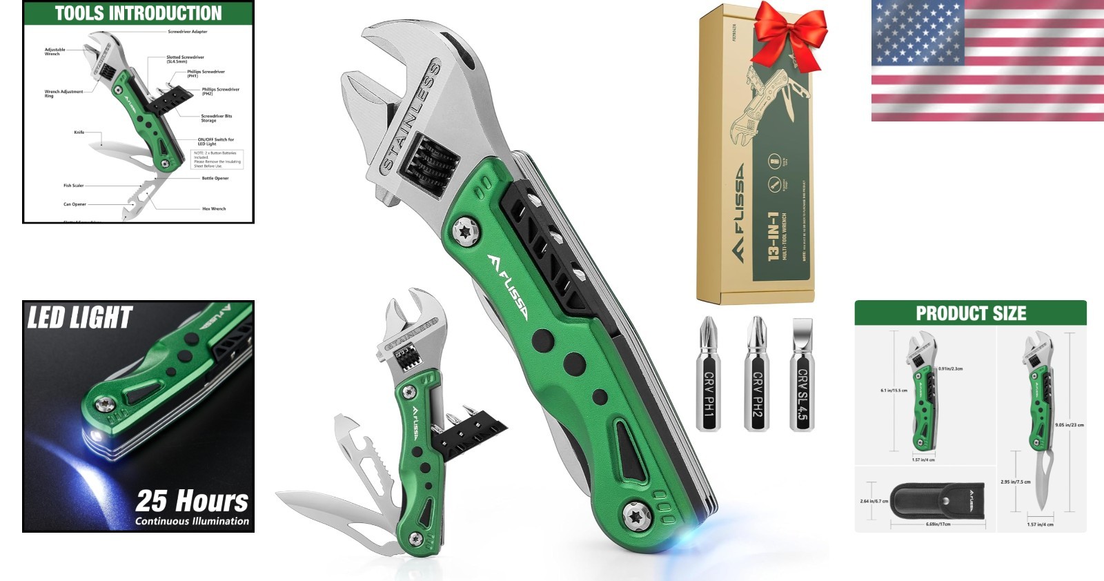 13-in-1 Multi Tool Adjustable Wrench Stainless Steel EDC Pocket Knife w/ Sheath