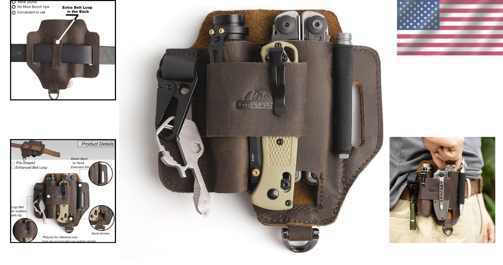 EDC Leather Sheath 6.2×5.8 inches | Multitool and Flashlight Holder for Work