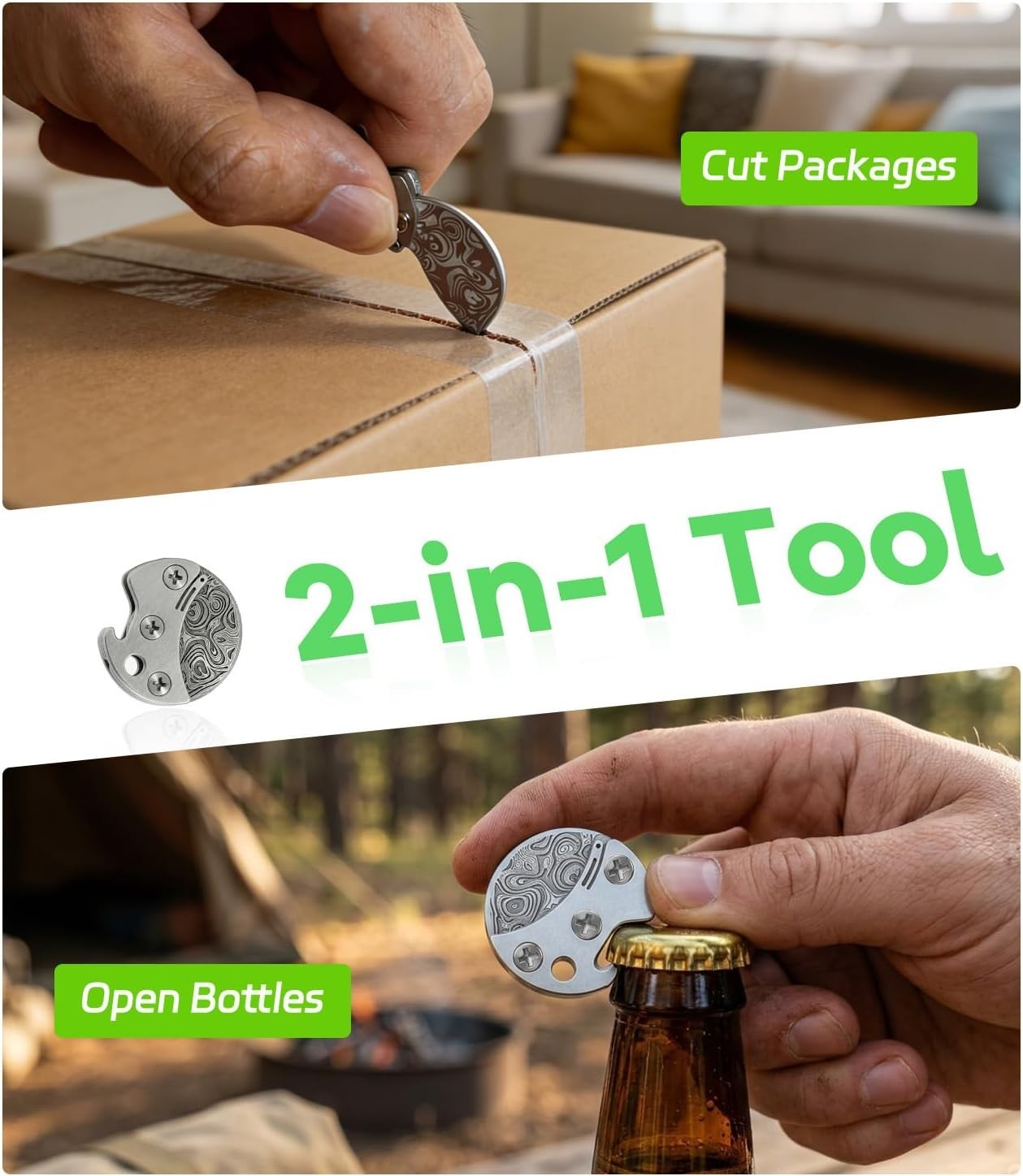 Mini Coin Keychain Tool Titanium Compact Bottle Opener & EDC Cutter Damascus