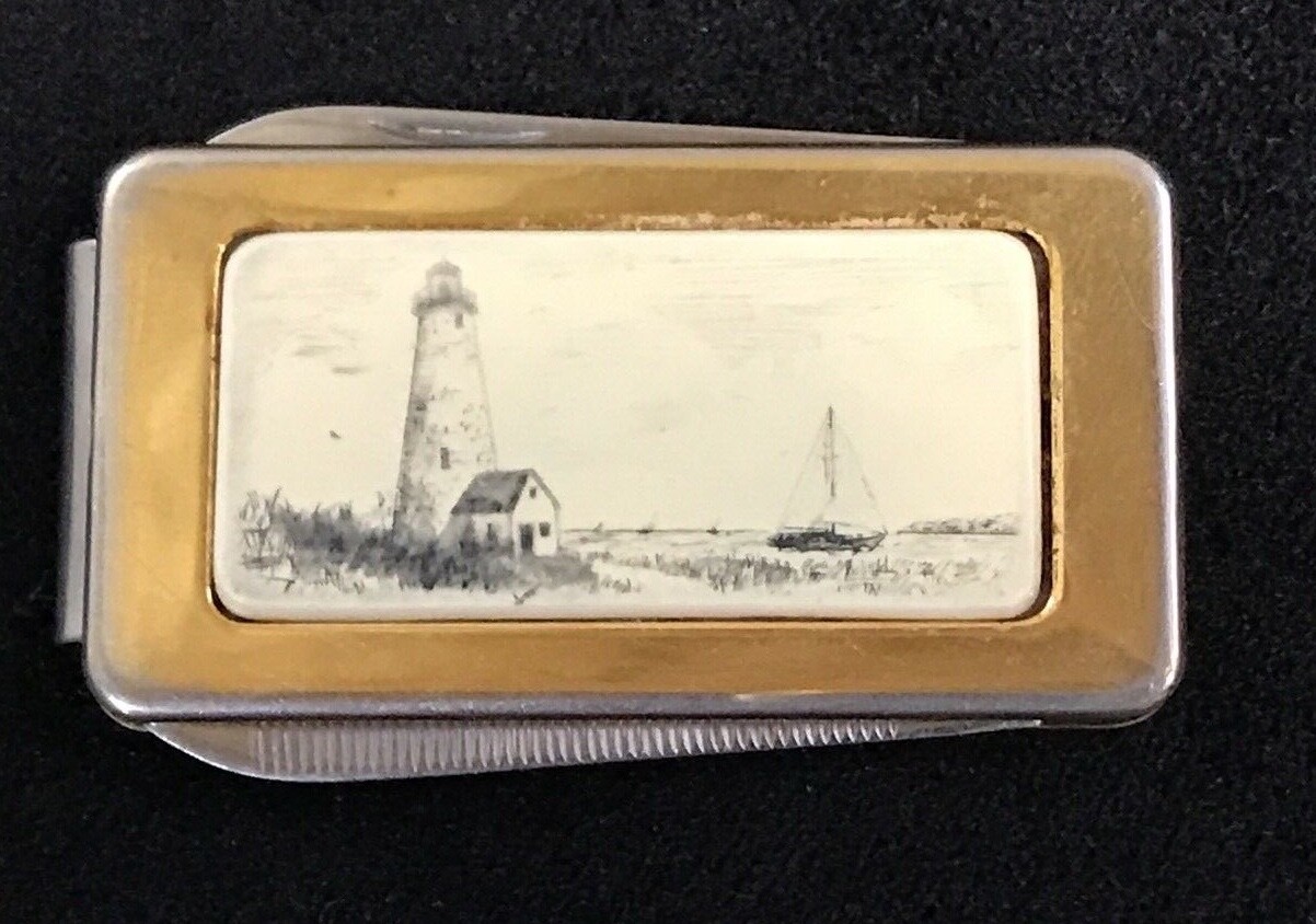 Money Clip Knife Nail File Card Holder Ceramic Insert BARLOW Gold/Silver Tone