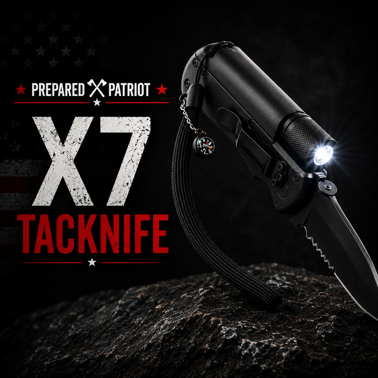 Prepared Patriot X7 Tacknife 5-in-1 Survival Knife Flashlight Compass EDC