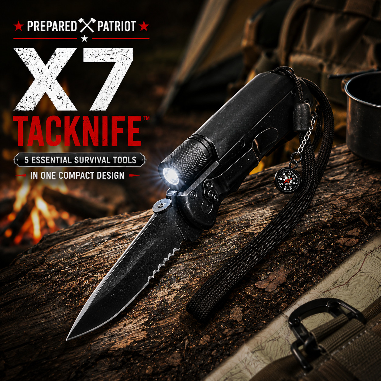 Prepared Patriot X7 Tacknife 5-in-1 Survival Knife Flashlight Compass EDC