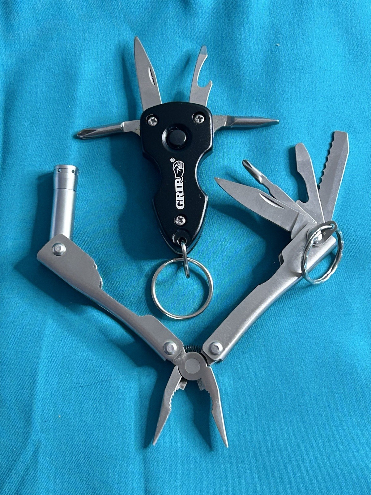 Lot of 2 Keychain Multi-Tools GRIP 6-in-1 LED Torch Tool Micro Folding Pliers