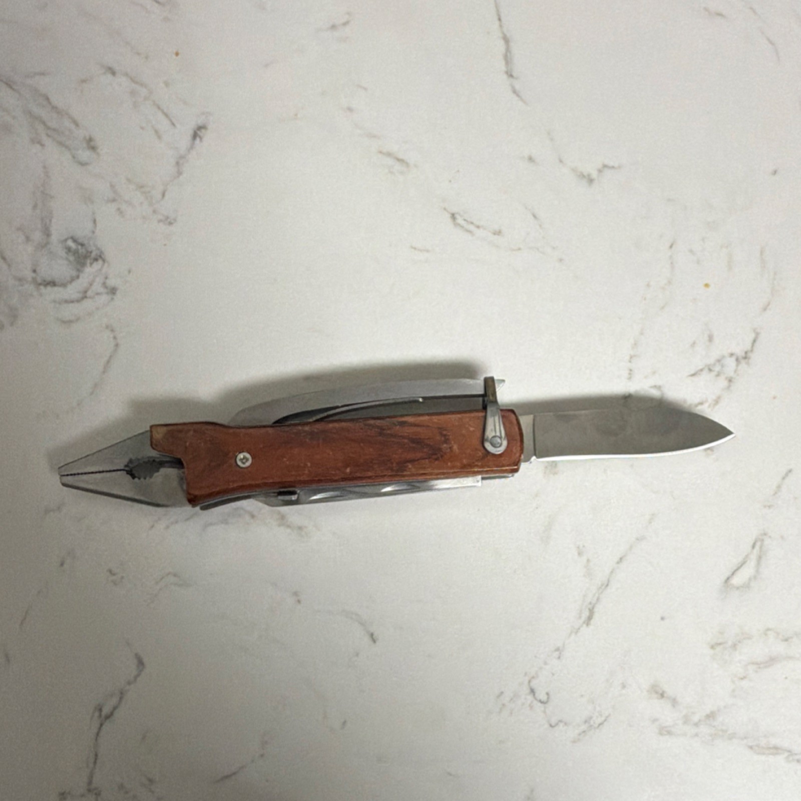 USMC Multi-Tool with Pliers, Knife, Serrated Blade, Wood Handle, Stainless Steel