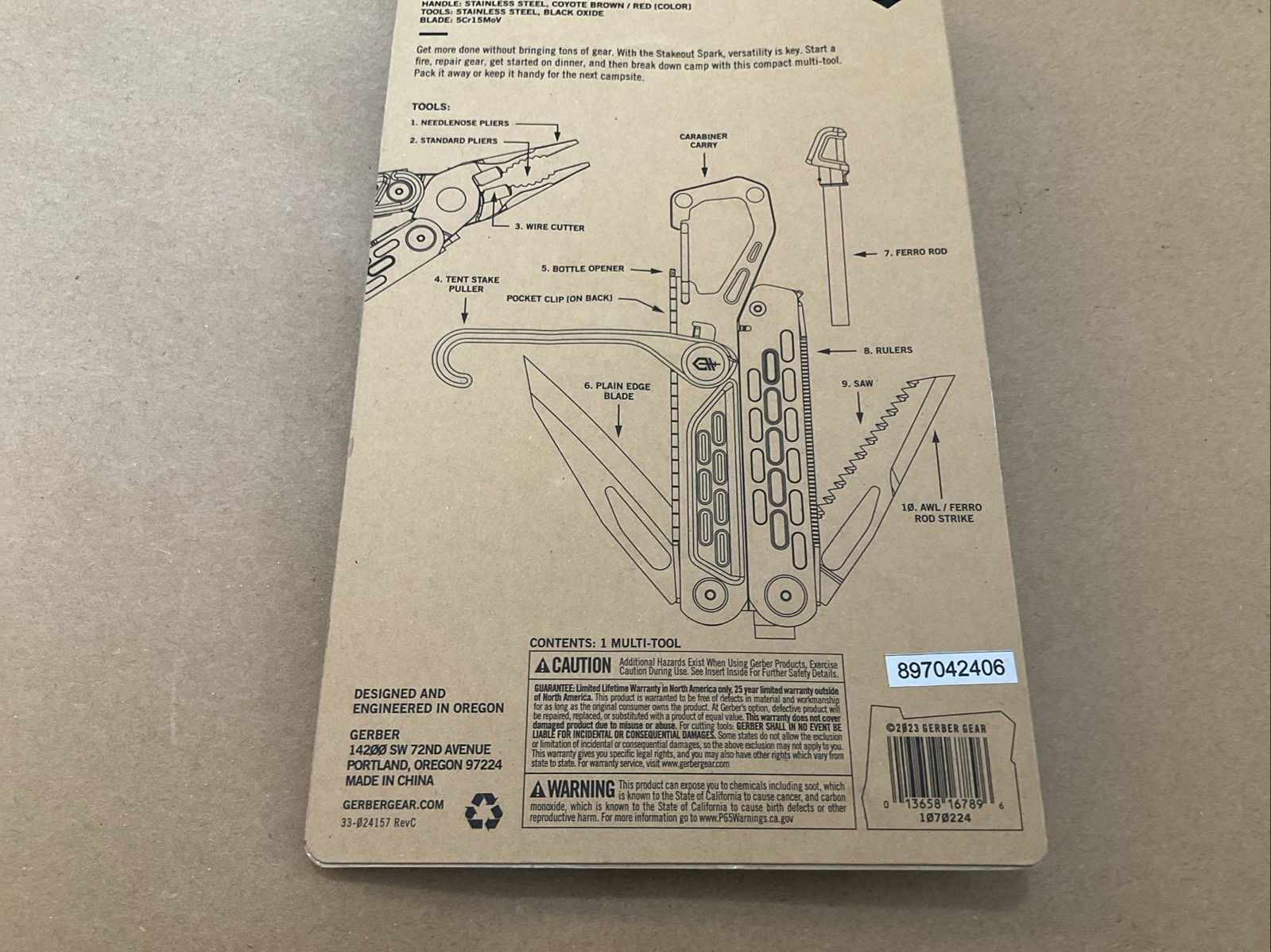 Gerber Stakeout Spark 10 Tools In 1 Pocket Clip Ferro Rod 4.6″ Closed 2.4″ Blade