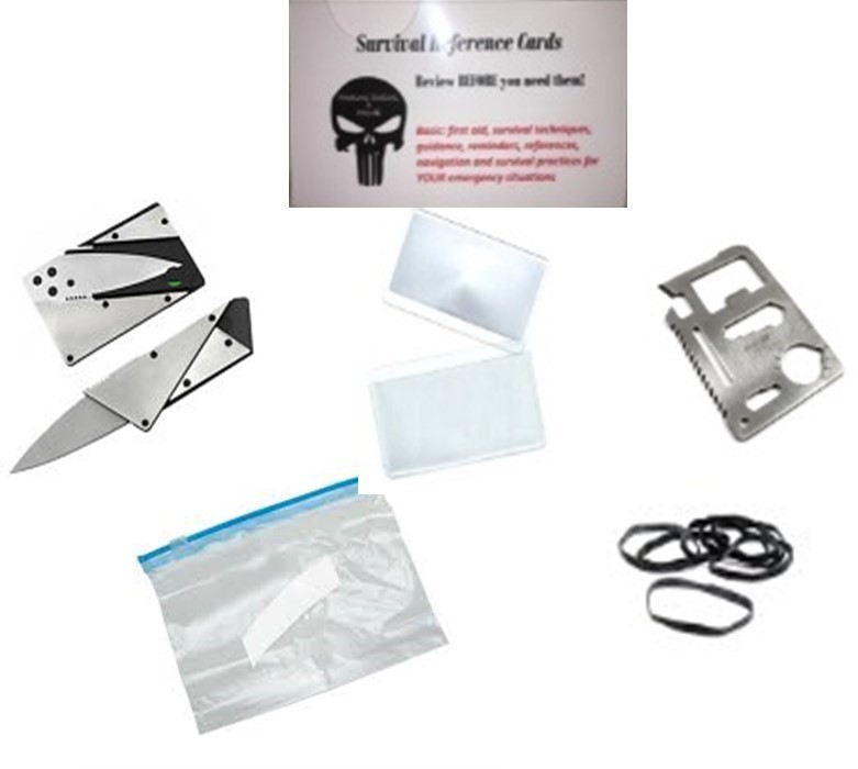 Survival tool, cards, first aid tips, credit card knife glass tool, BoB, GHB
