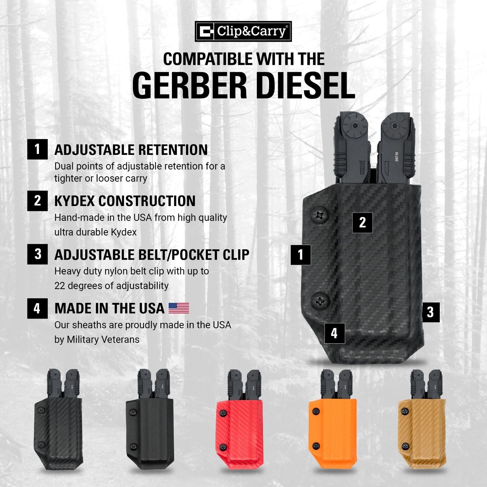 Clip & Carry Kydex Multitool Sheath – For the Gerber Diesel – USA Made