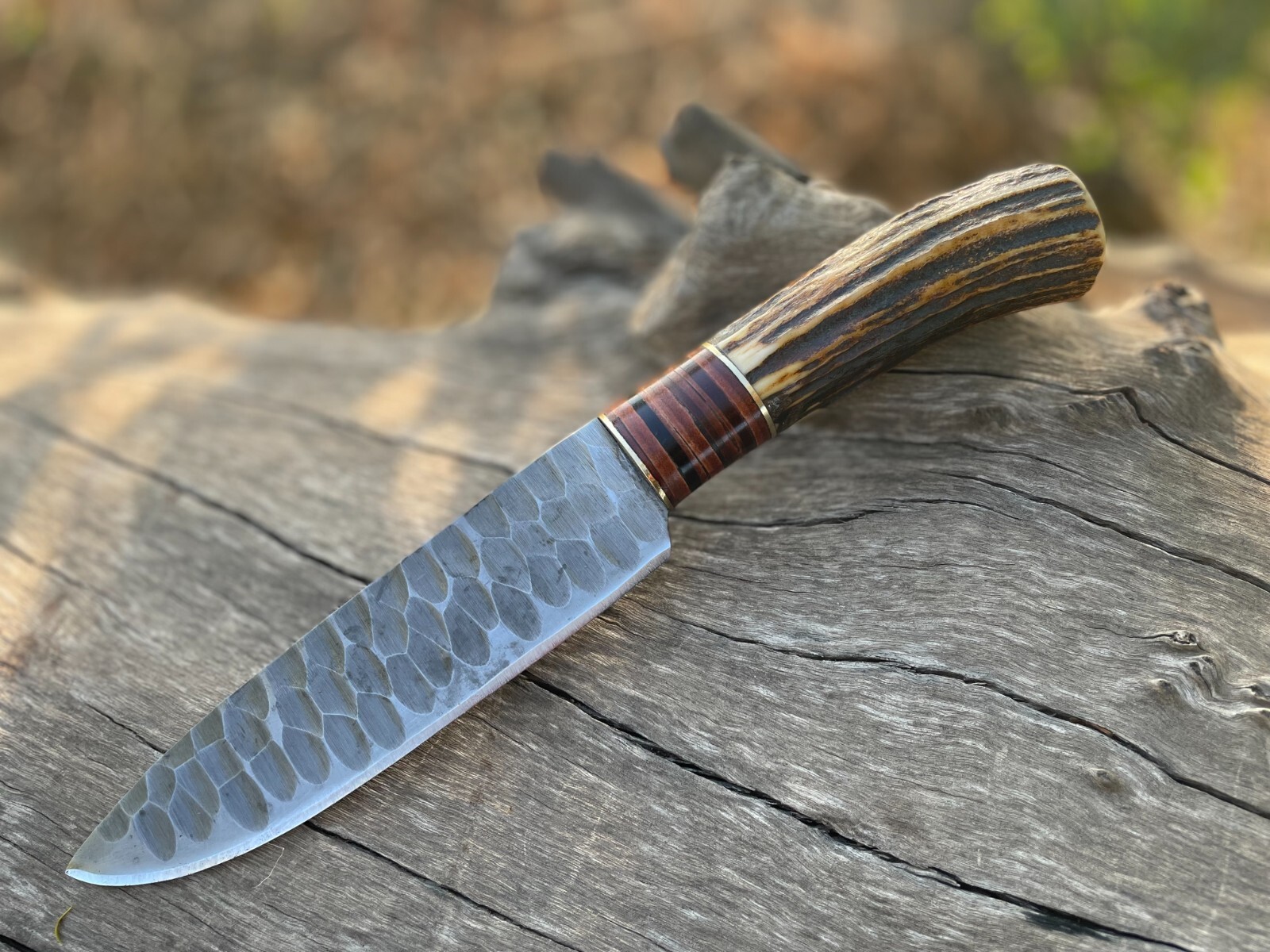HANDMADE CARBON STEEL FIXED BLADE FULL TANG CAMPING KNIFE WITH STAG HORN HANDLE
