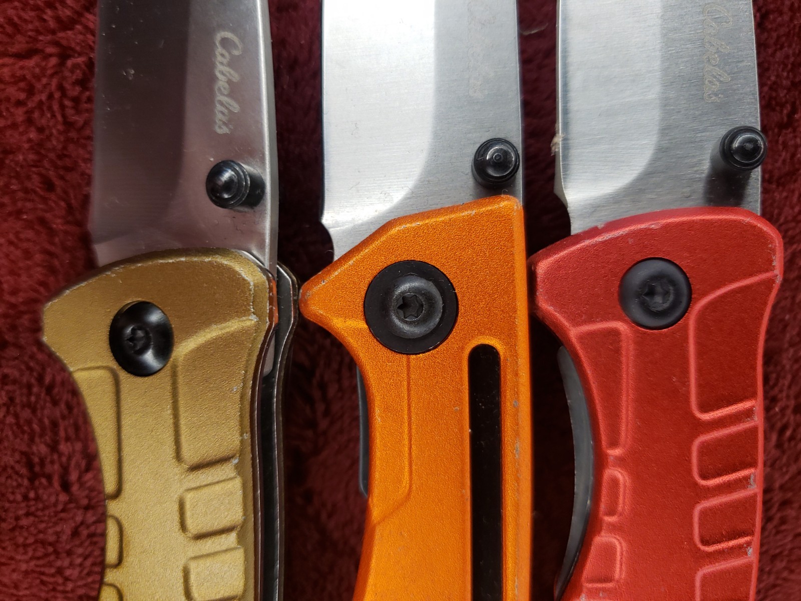 Lot 3 Cabela’s Plain Edge Liner Lock Aluminum Scale Folding Red Orange Tan