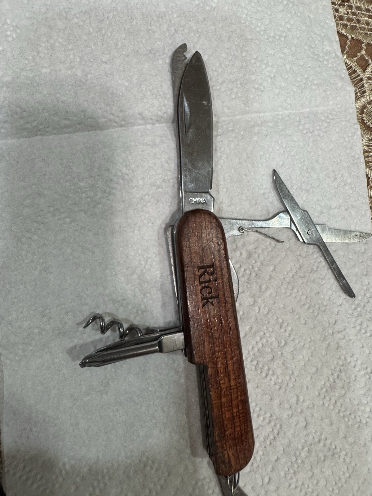 7-in-1 Wood Handle Stainless Multi-Tool Pocket Knife Keyring w/ Corkscrew