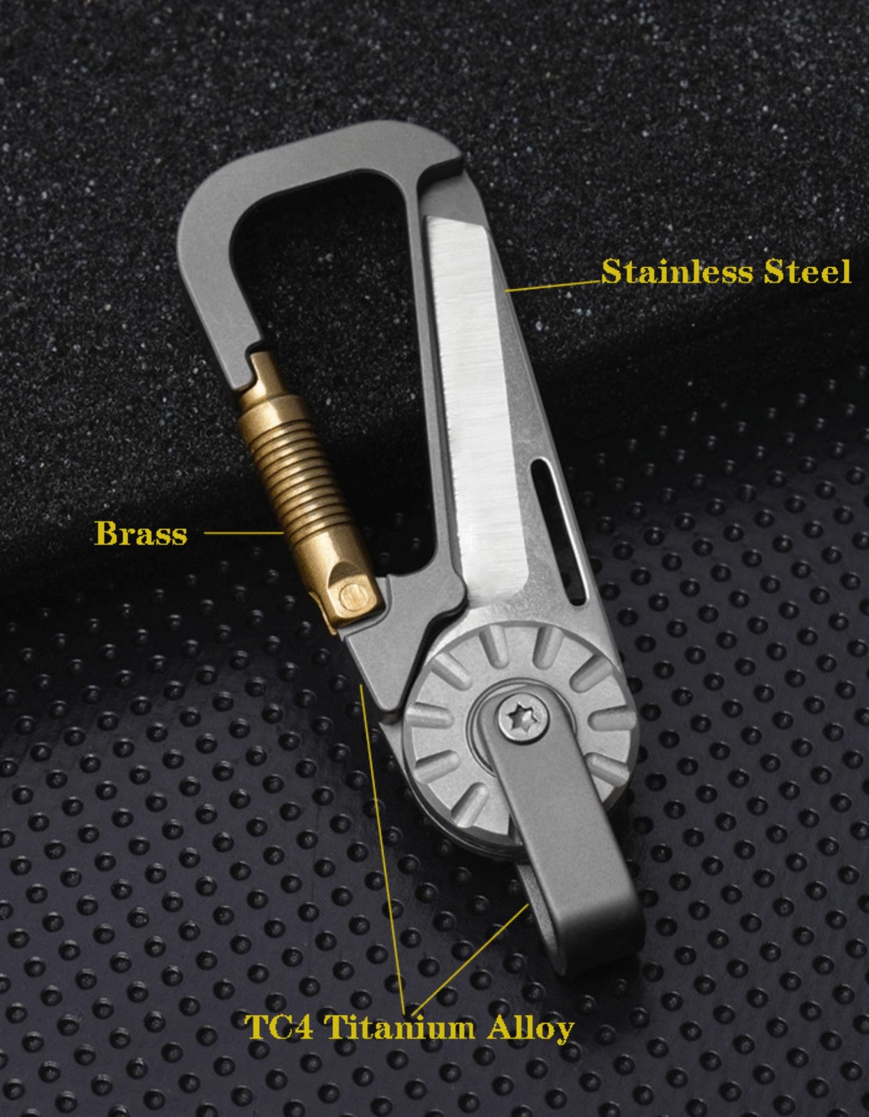 EDC Titanium + Brass Keychain Carabiner Multi Tools Outdoor Folding Knife