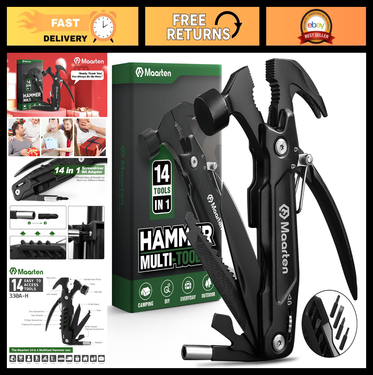 14-in-1 Hammer Multitool with Safety Lock & Screwdriver Set – Perfect Gift for D