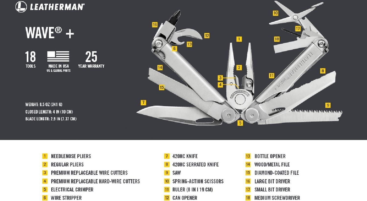 LEATHERMAN, Wave+, 18-in-1 Full-Size, Versatile Multi-tool, Stainless Steel