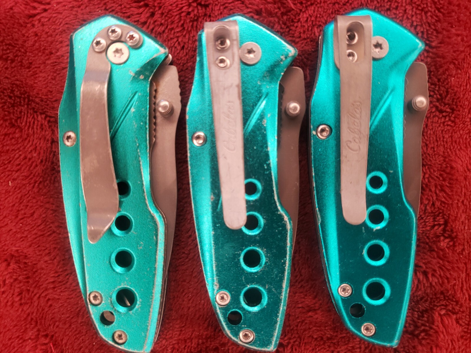 Lot 3 Cabela’s Plain Edge Liner Lock Aluminum Scale Folding Cyan Turquoise color