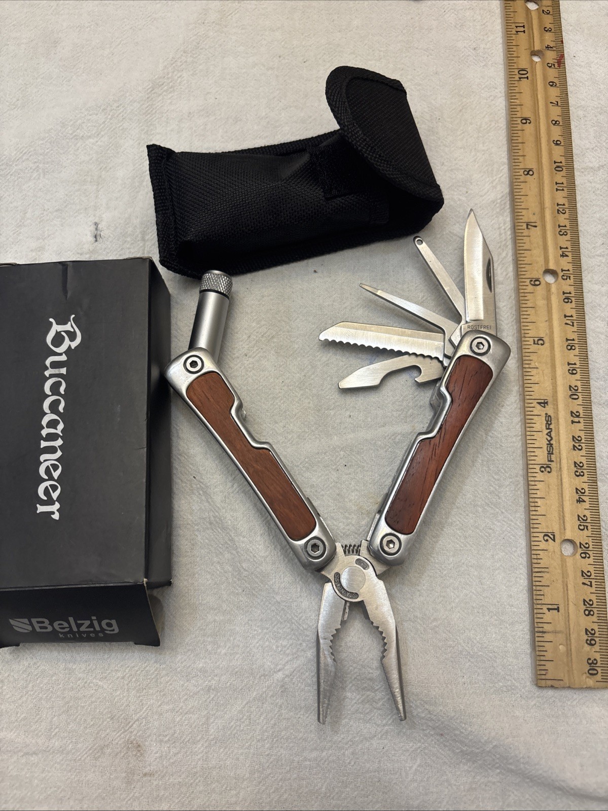 BELZIG Buccaneer Multi Tool w/ Flashlight Light +Black Pouch, Wood Inlay Handle