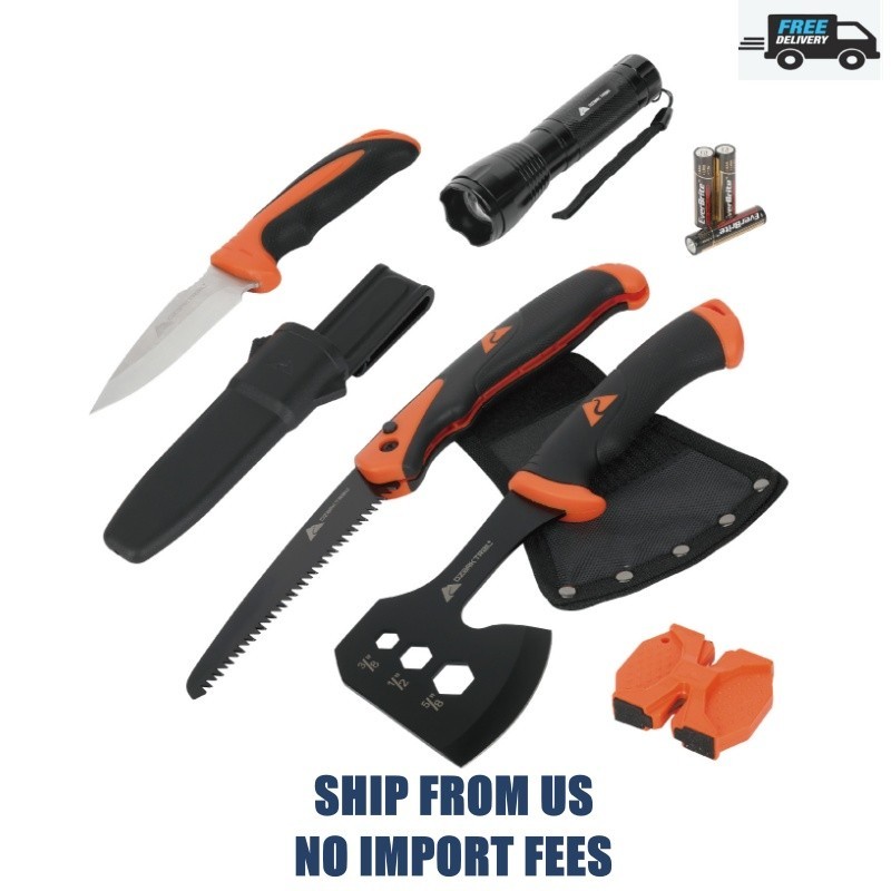 Ozark Trail 7-Piece Camping Multitool Set with Hammer, Axe, Flashlight, and Kniv
