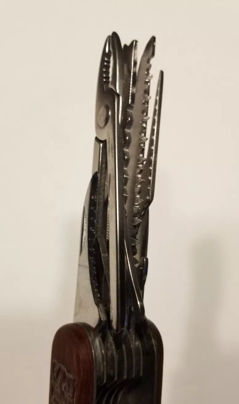Multi-Tool Knife Wooden Handle Folding Blade Pliers Saw Scissors Field & Stream