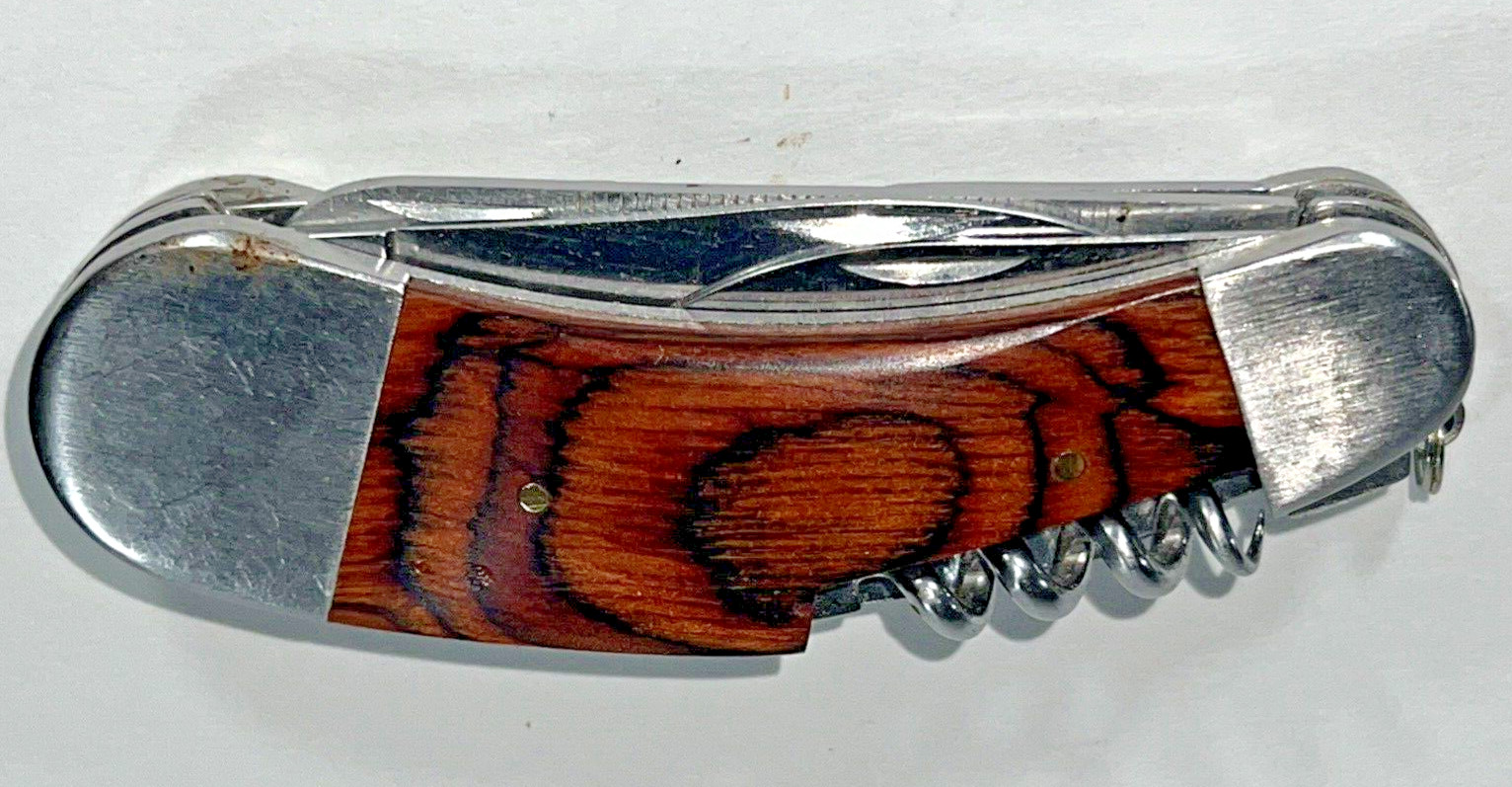 Camping Knife Wooden Handle with 7 Different Tools Attached with a Hanging Ring
